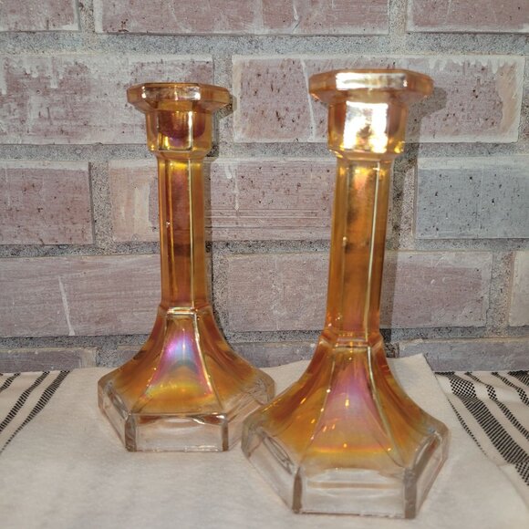 Imperial Glass Other - Iridescent Amber Glass Candlestick Holders - Pair